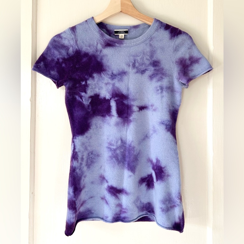 J. Crew Short‎ Sleeve 100% Cashmere T Shirt Sweater Blue Purple Tie Dye XS